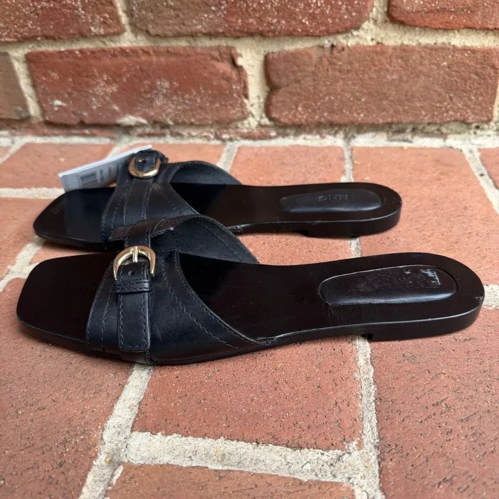 MNG by Mango Women's Buckle Leather Sandals Open Toe Black Size 39 NEW